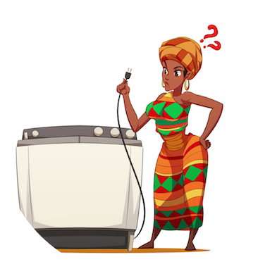 A confused African woman holding the power cable of a washing machine